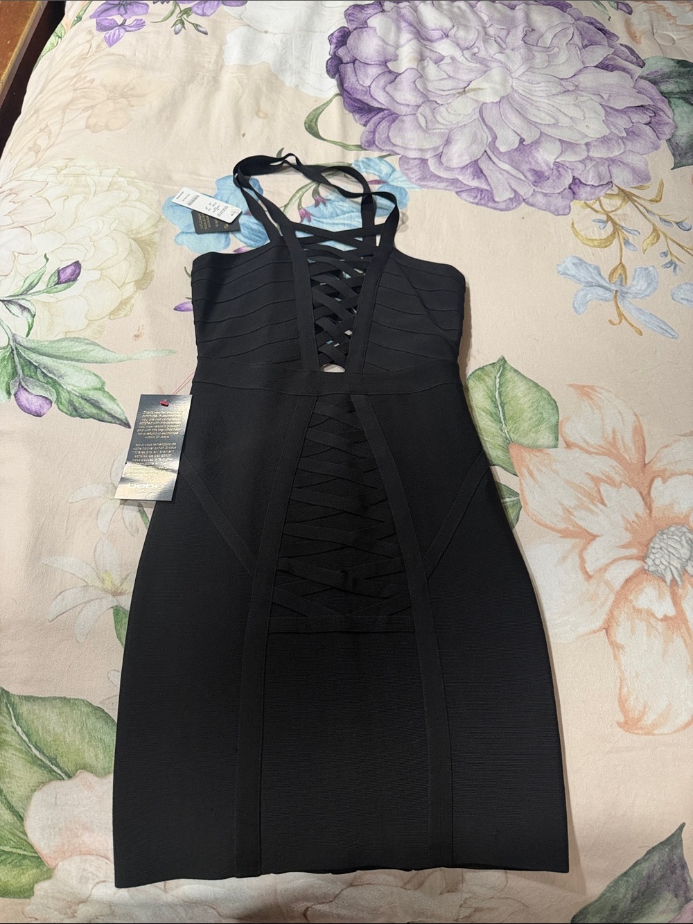 BEBE Black Strappy Lace-Up Bandage Dress